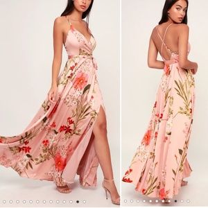Lulu's Still the One Blush Pink Floral Print Satin Maxi Dress Small